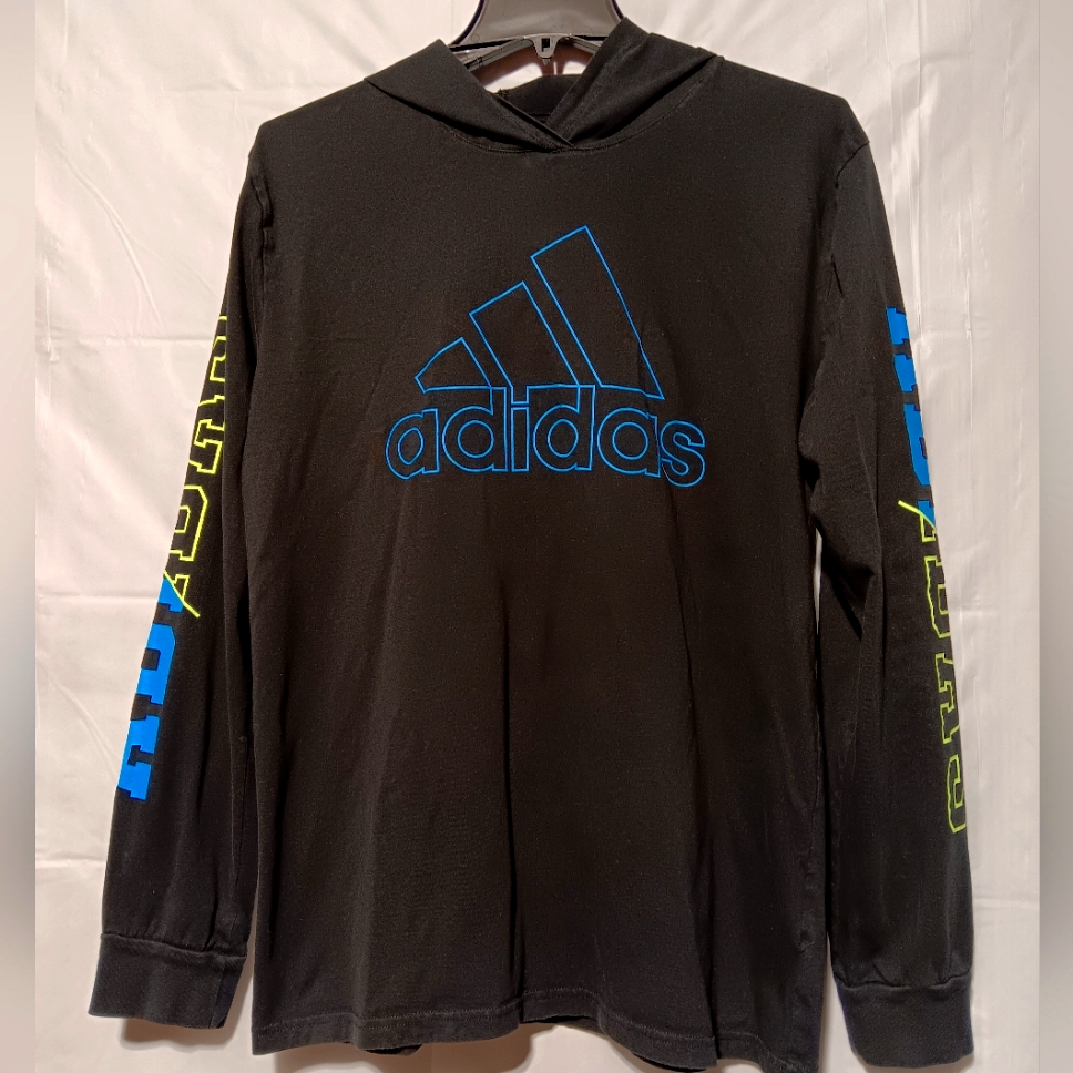 Adidas Xl Boy's Euc Long Sleeve Knit Hoodie, Black With Blue & Yellow Logos